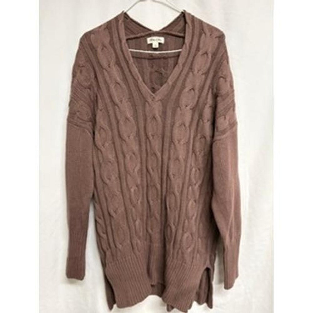 Tres Chic Women Brown Cable Knit V-Neck Sweater Oversized Cotton Fisherman Large